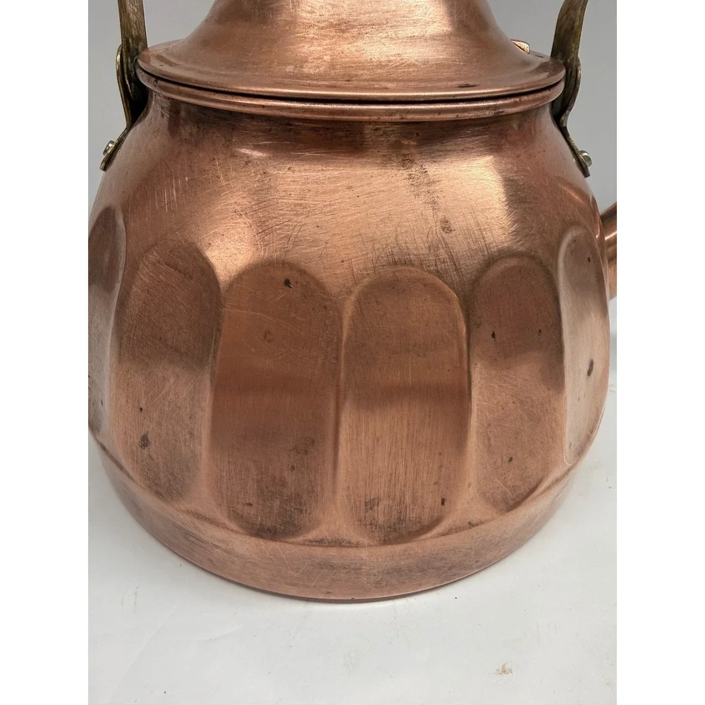 Vintage Copper Tea Kettle Brass Handle Fluted Thumbprint Design Rustic Decor